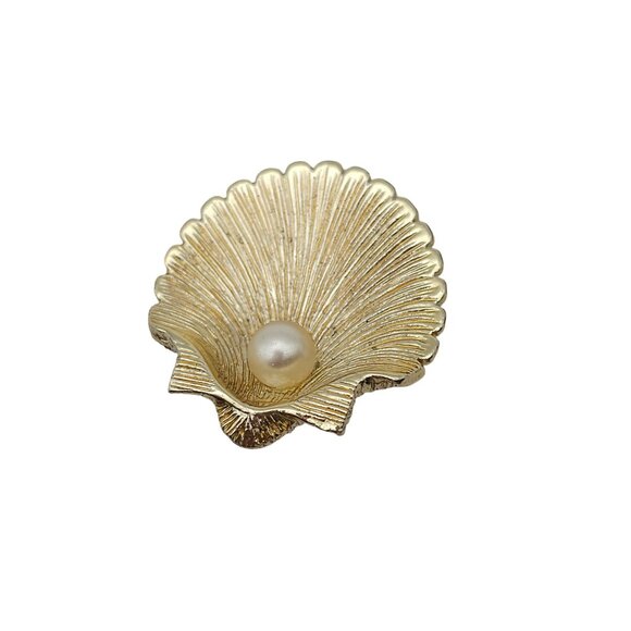 Vtg Gold Tone Shell & Crab Brooch Set Faux Pearl Beach Ocean Cancer Zodiac July - Picture 7 of 16